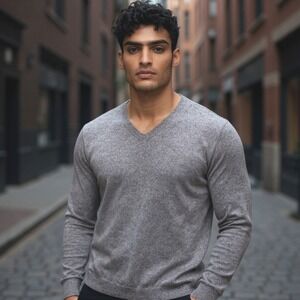 Calvin Klein Sweater Mens Large Extra Fine Merino Wool‎ V-Neck Gray Knitwear